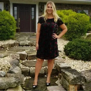 Carolina Belle Women 6 Ye Velvet Dress Black Multi Flocked Floral Short Sleeves